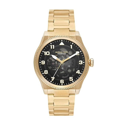 Gold watch with black dial on a white background