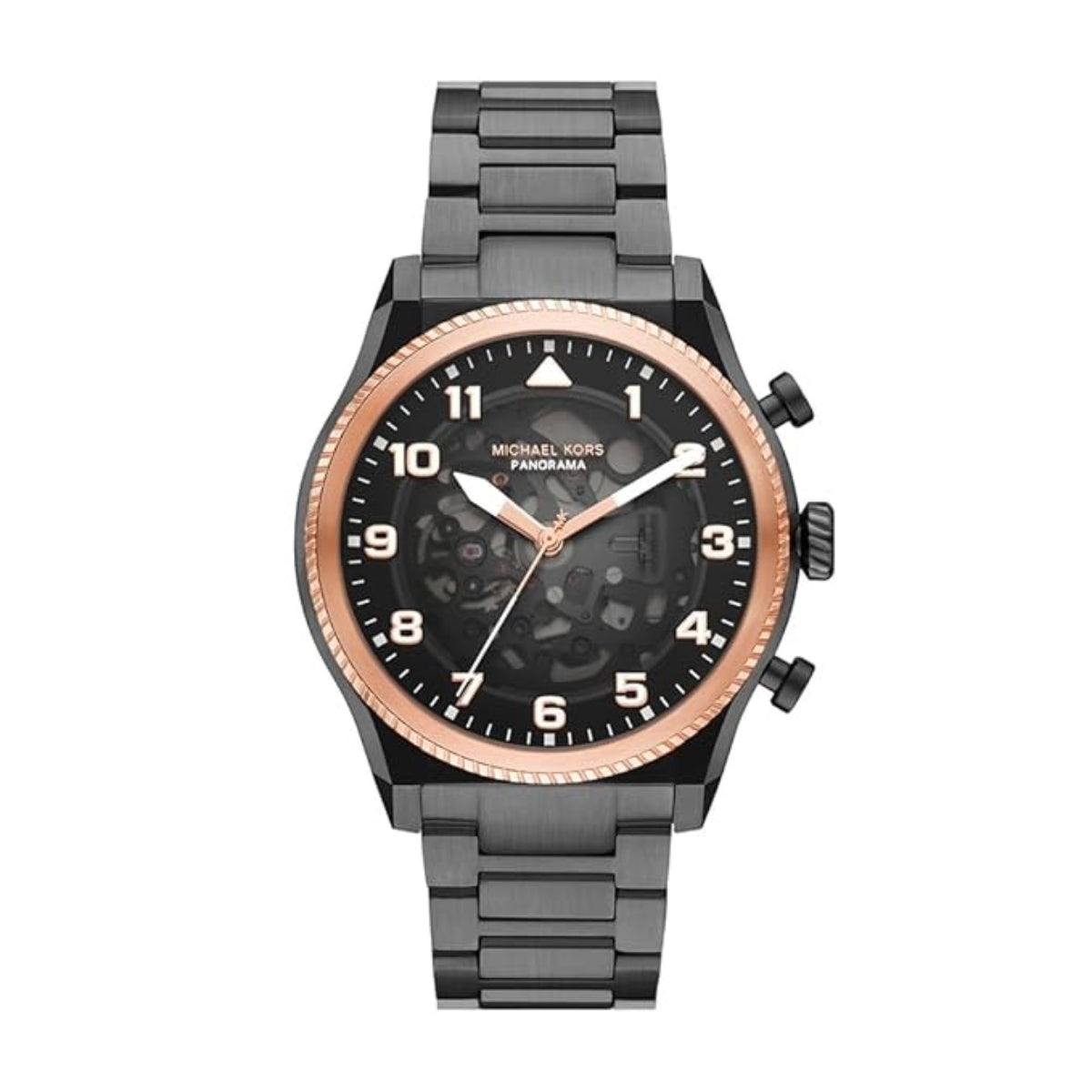 Black and rose gold watch with Michael Kors branding on a white background