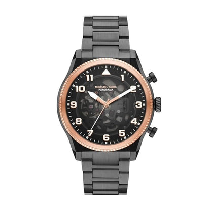 Black and rose gold watch with Michael Kors branding on a white background