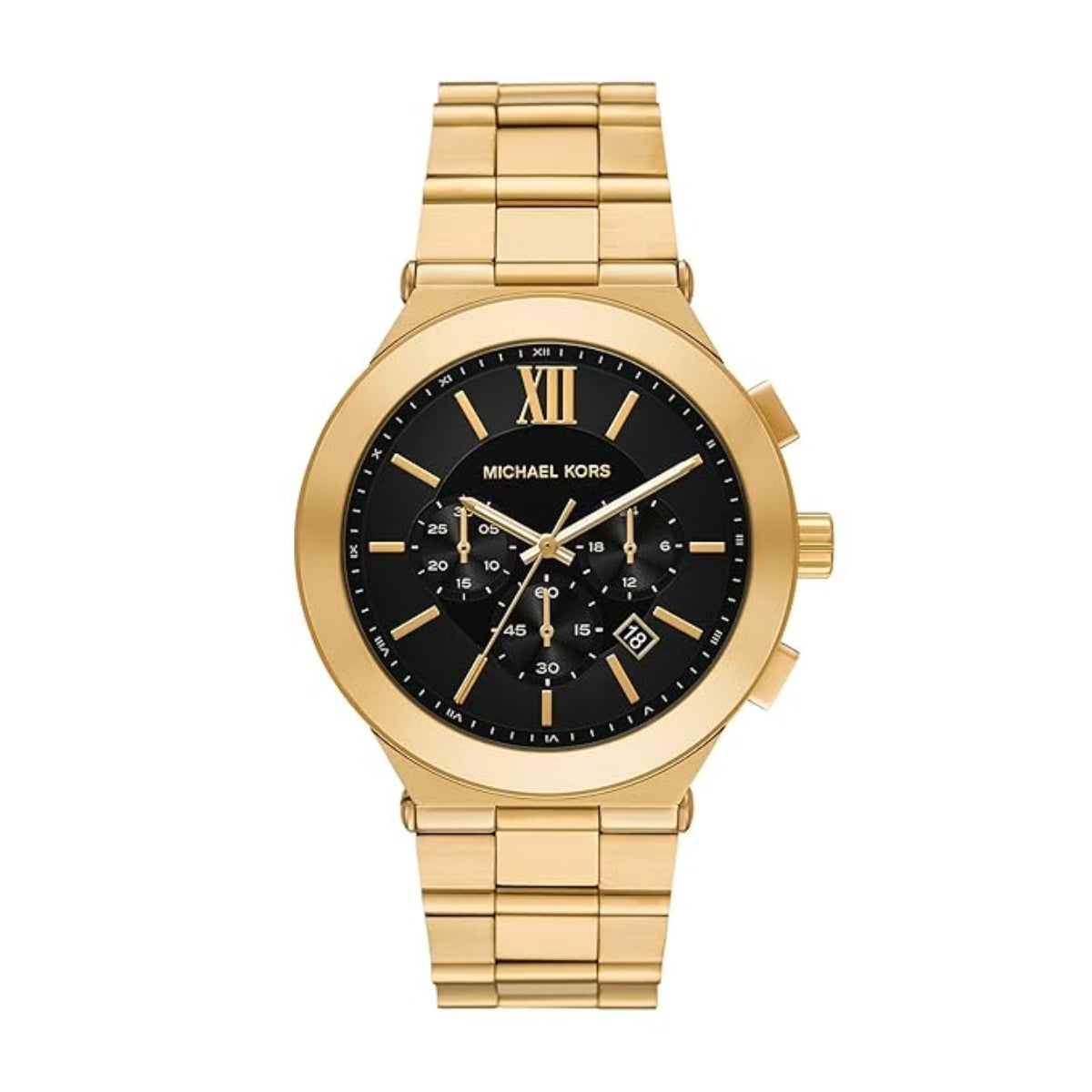 Gold watch with a black face on a white background
