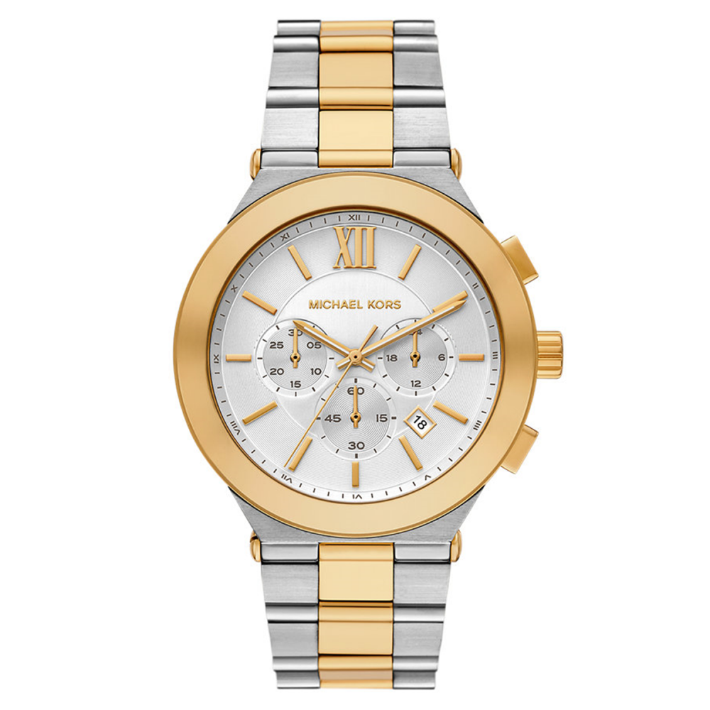 Two-tone watch with gold and silver strap on a white background