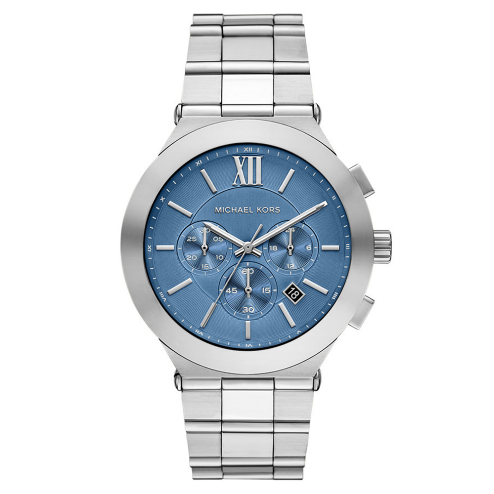 Silver watch with a blue face on a white background