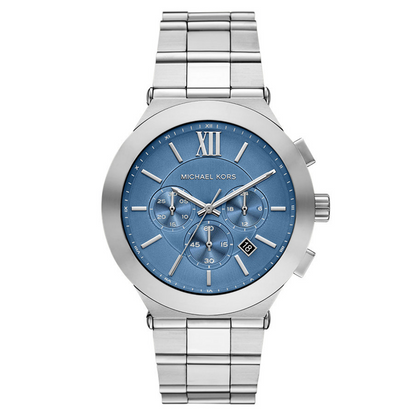 Silver watch with a blue face on a white background