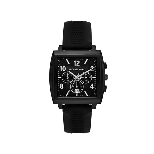 Black Michael Kors watch with a detailed face on a white background