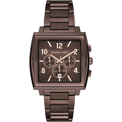 Brown Michael Kors watch with a metal band on a white background