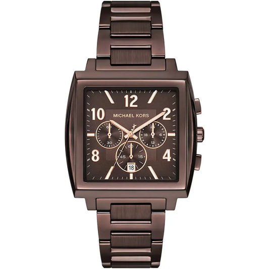 Brown Michael Kors watch with a metal band on a white background