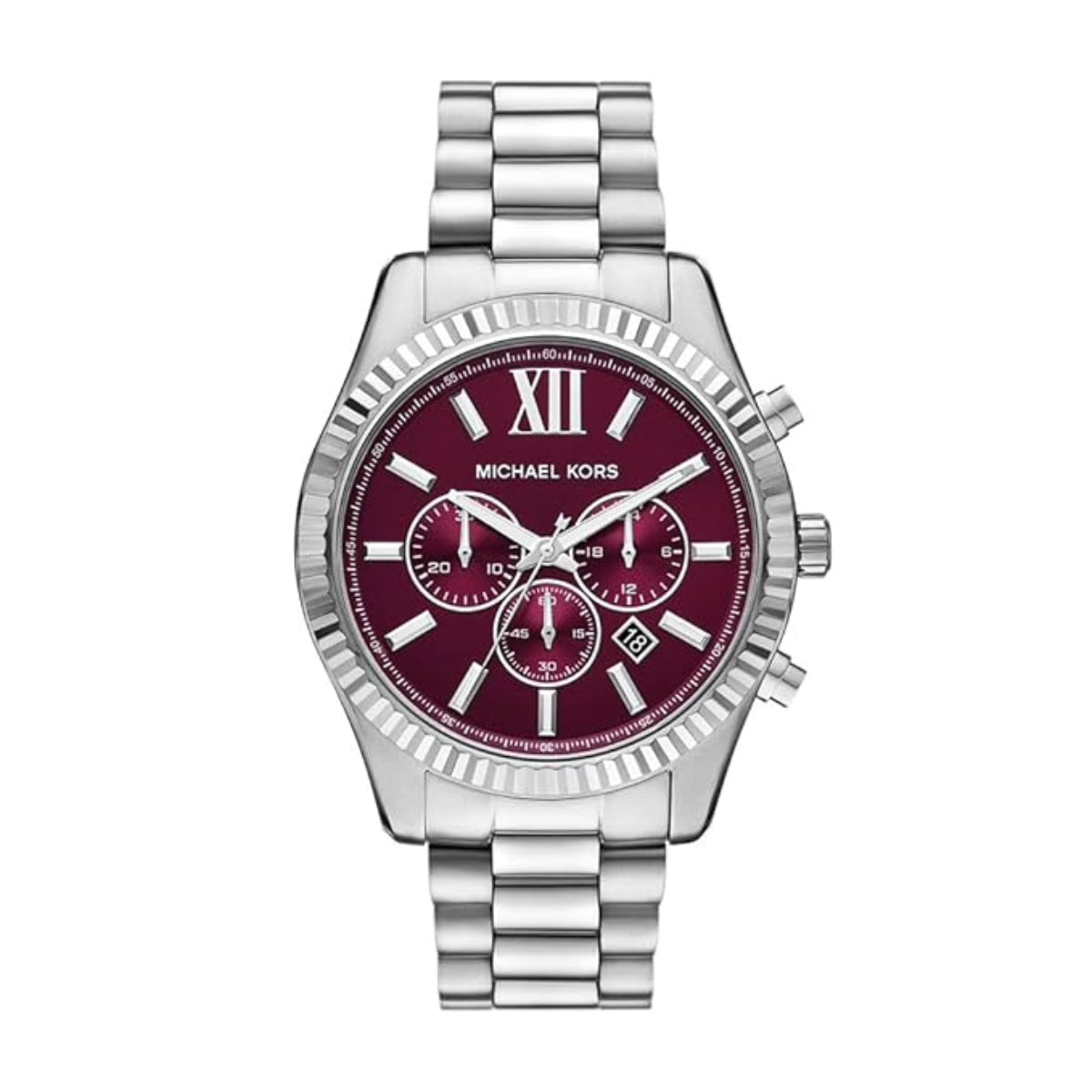 Silver watch with a red face on a white background