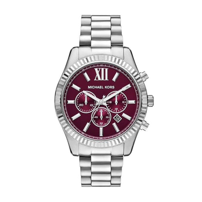 Silver watch with a red face on a white background