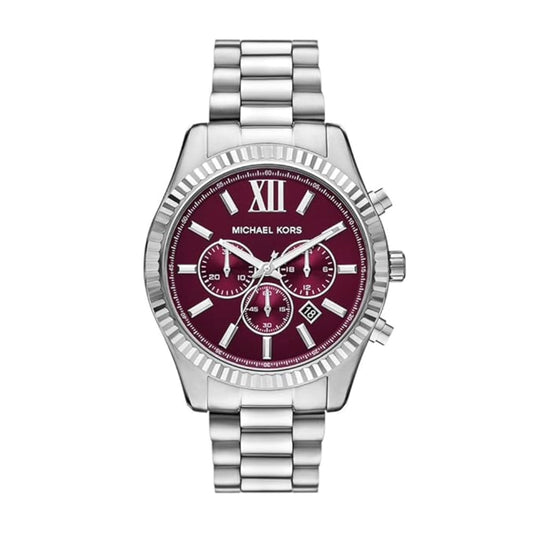 Silver watch with a red face on a white background