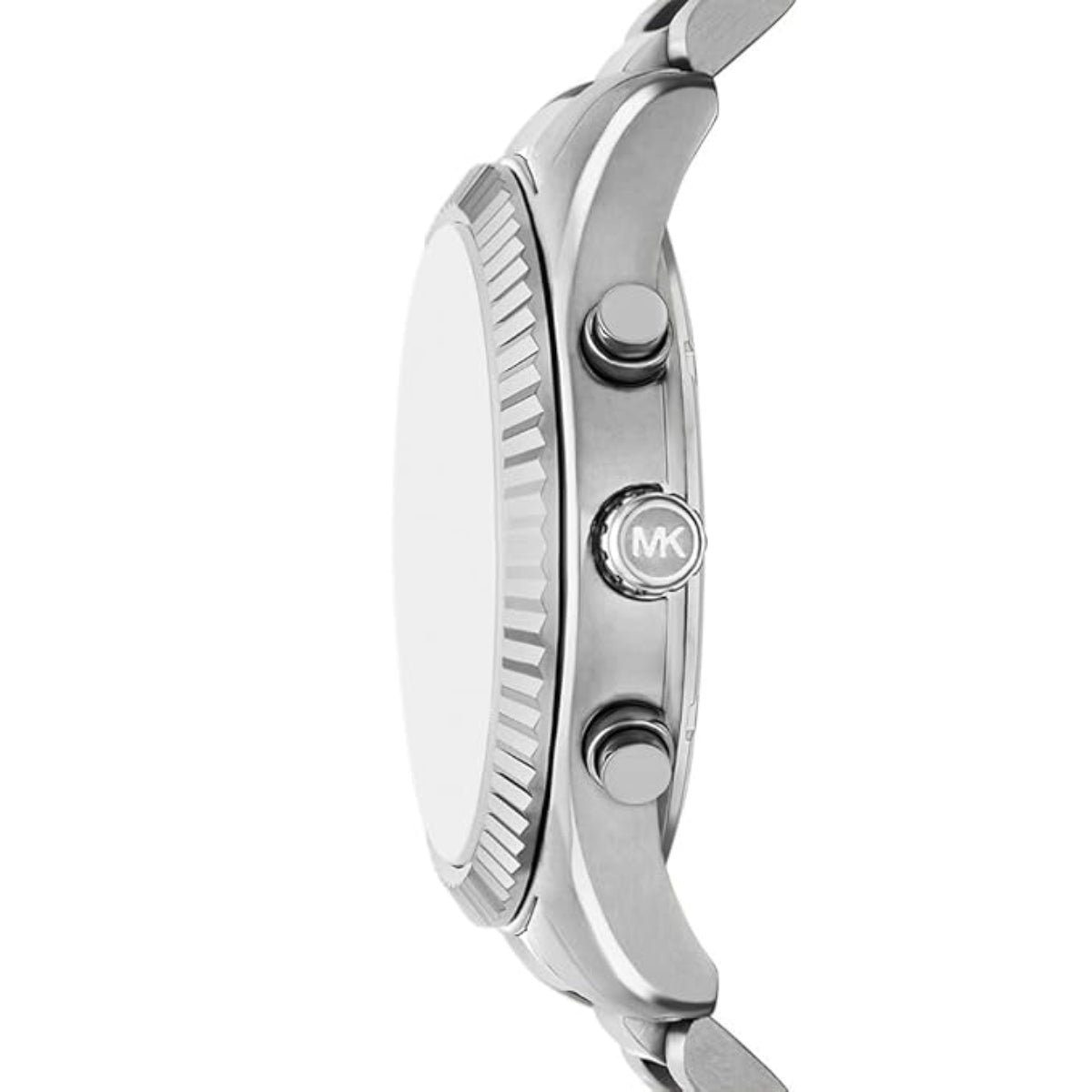 Close-up of a silver Michael Kors watch on a white background