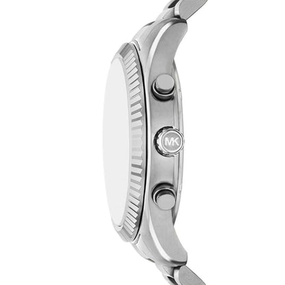 Close-up of a silver Michael Kors watch on a white background