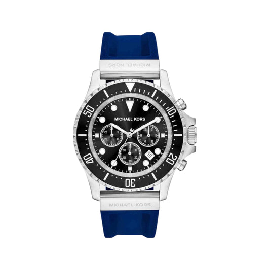 Michael Kors watch with black dial and blue strap on a white background