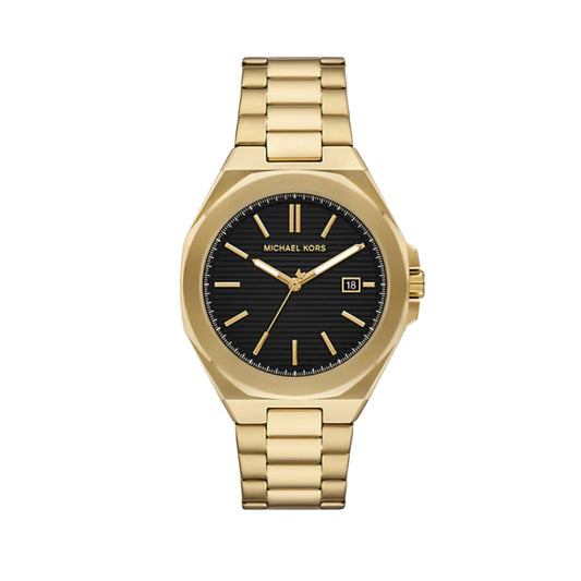 Gold watch with black dial on a white background