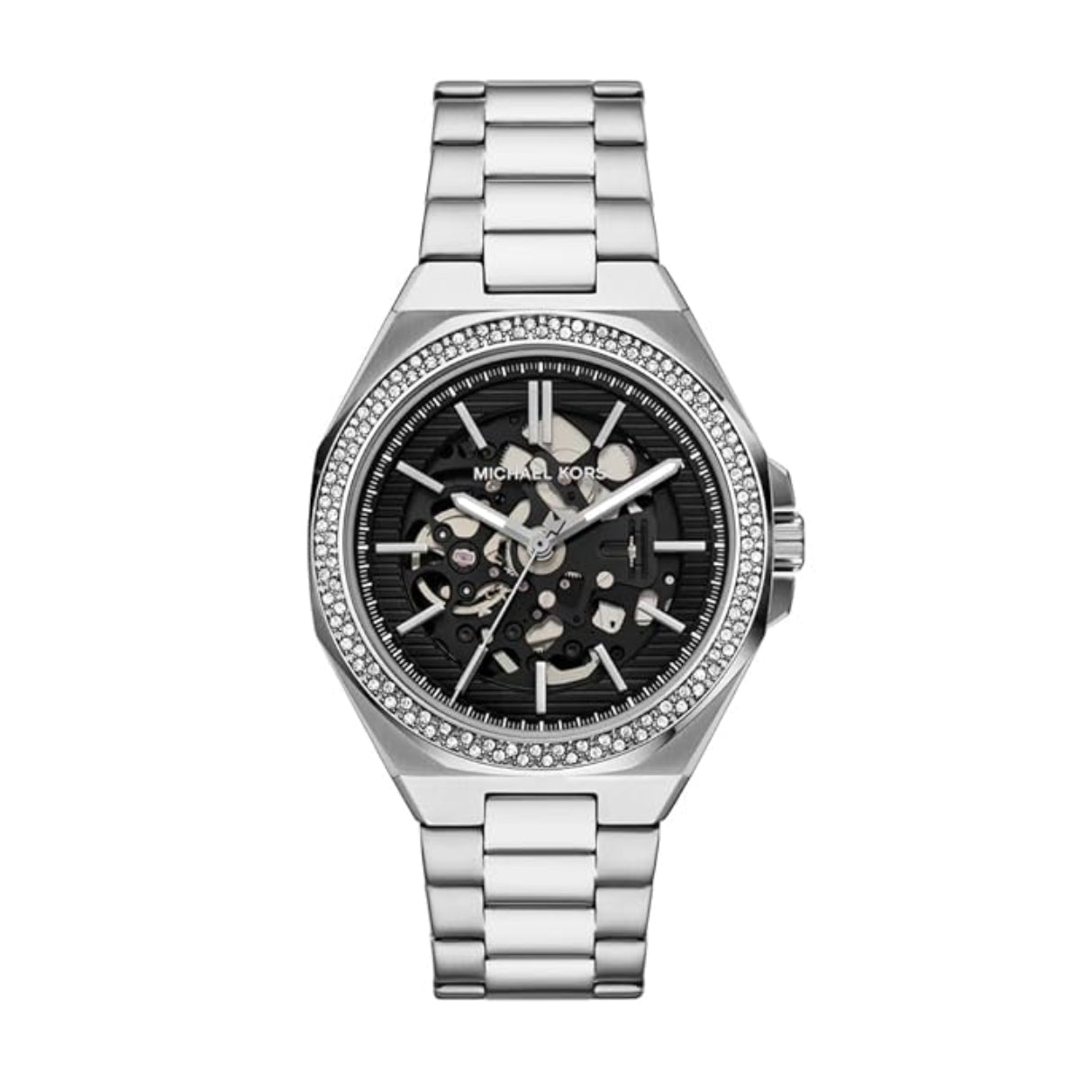 Silver watch with black face on a white background