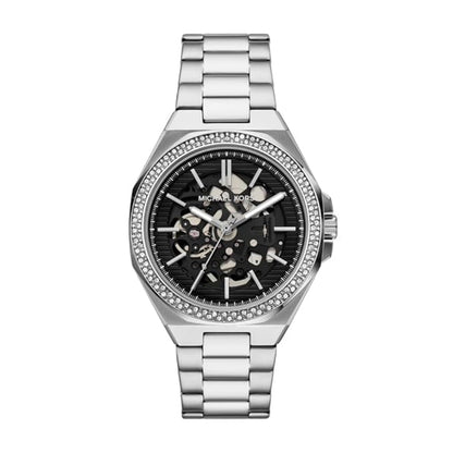 Silver watch with black face on a white background