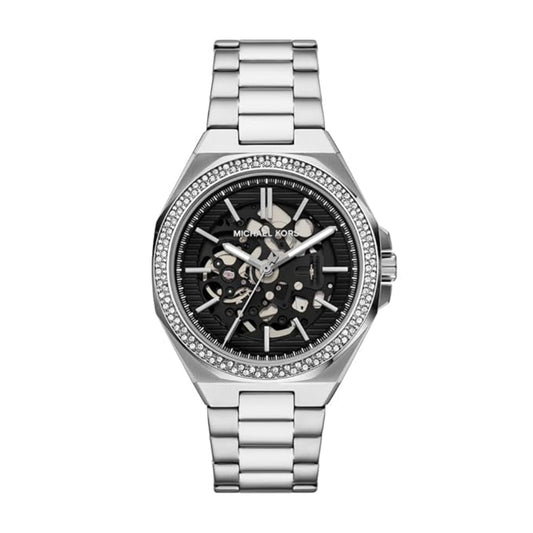 Silver watch with black face on a white background