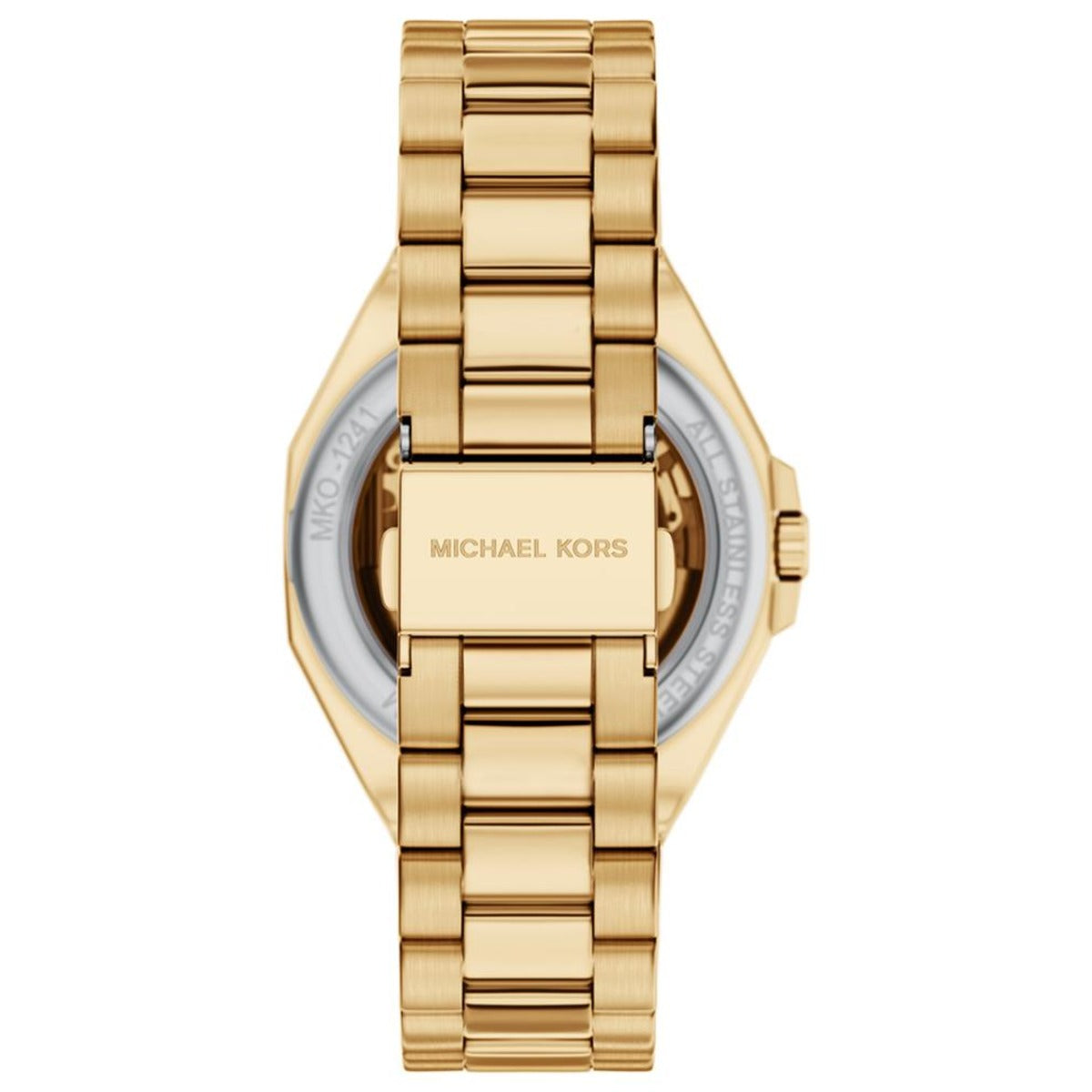 Gold watch with 'Michael Kors' branding on a white background