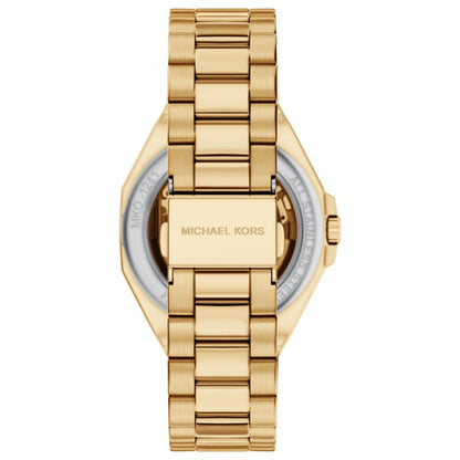 Gold watch with 'Michael Kors' branding on a white background