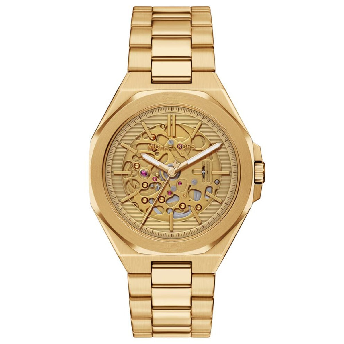 Gold wristwatch with a detailed face on a white background