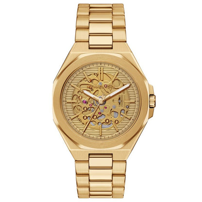 Gold wristwatch with a detailed face on a white background