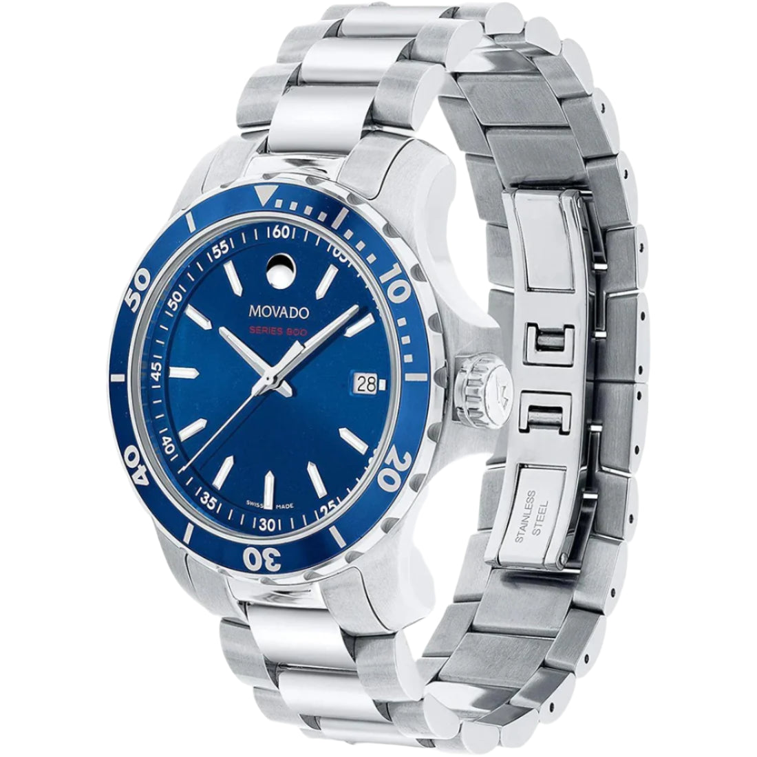 Silver watch with blue dial on a white background