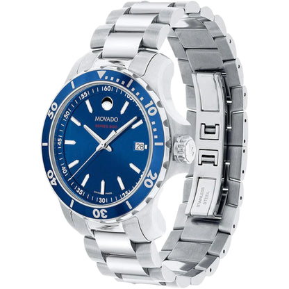Silver watch with blue dial on a white background