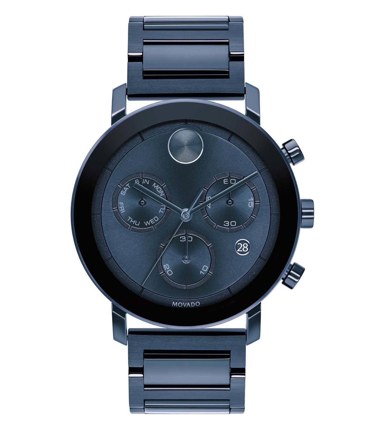 A Movado Bold Chronograph watch with a blue dial and stainless steel bracelet.