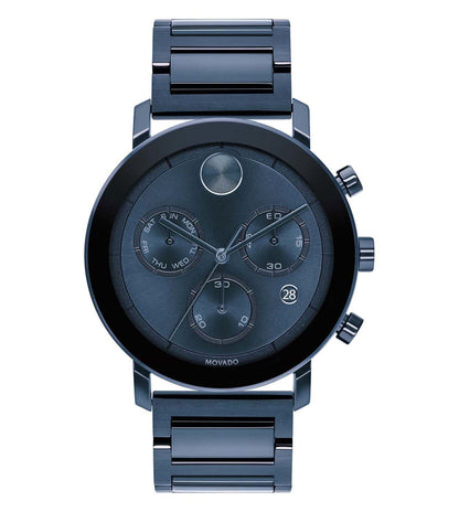 A Movado Bold Chronograph watch with a blue dial and stainless steel bracelet.