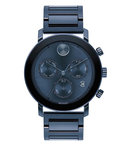 A Movado Bold Chronograph watch with a blue dial and stainless steel bracelet.