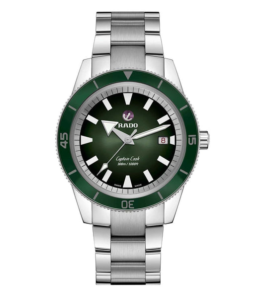 A RADO Captain Cook Automatic watch with a green dial, silver metallic bracelet, and Hrithik Roshan branding.