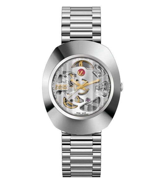 A silver Rado Original watch for men with a skeleton dial and a stainless steel bracelet.