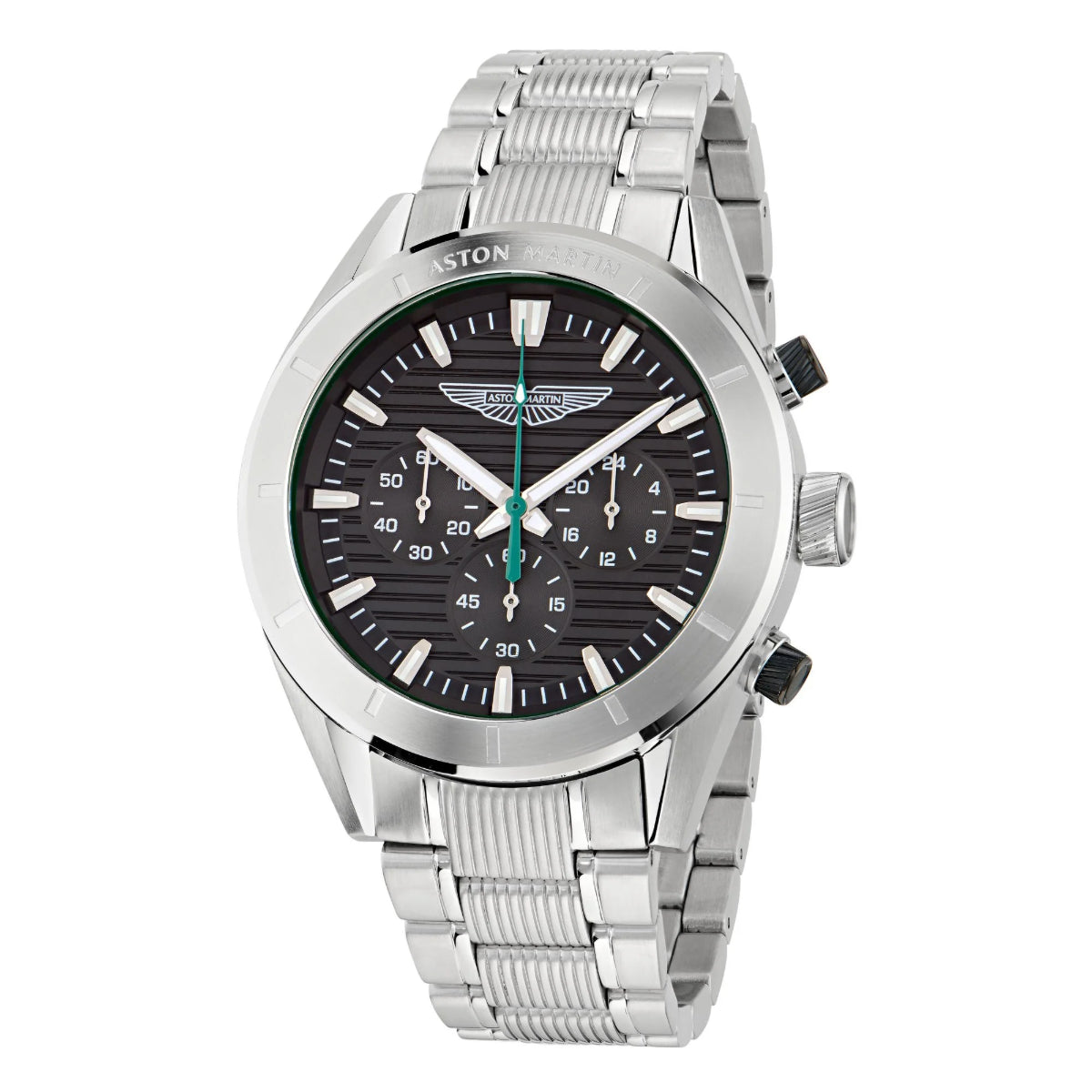 Silver watch with black dial on a white background