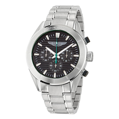 Silver watch with black dial on a white background