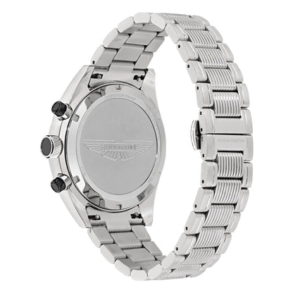 Silver watch with a detailed face on a white background