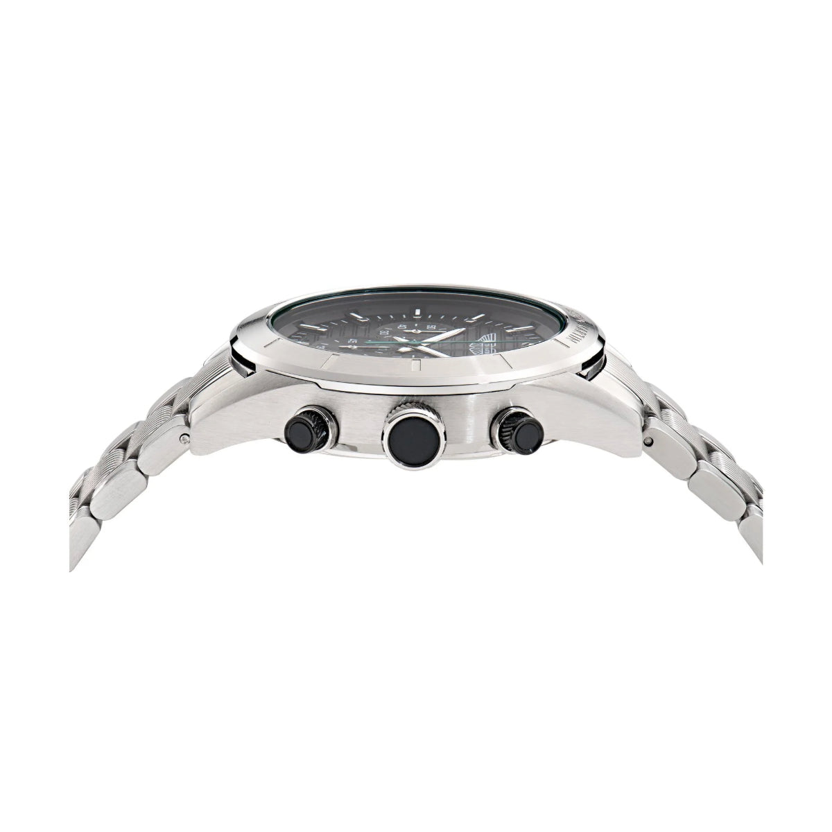 Silver watch with black face on a white background