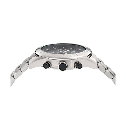 Silver watch with black face on a white background