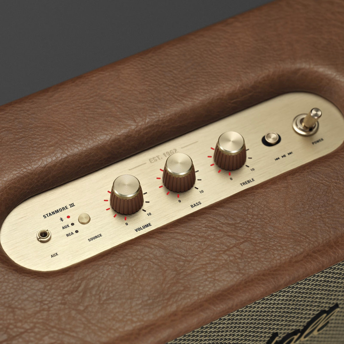 Close-up of a guitar amplifier with control knobs and brand logo.