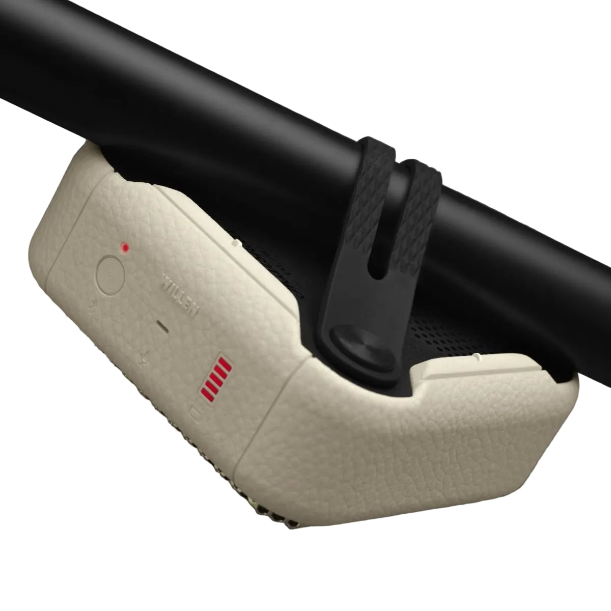 Close-up of a beige car cup holder with a black strap on a gray background