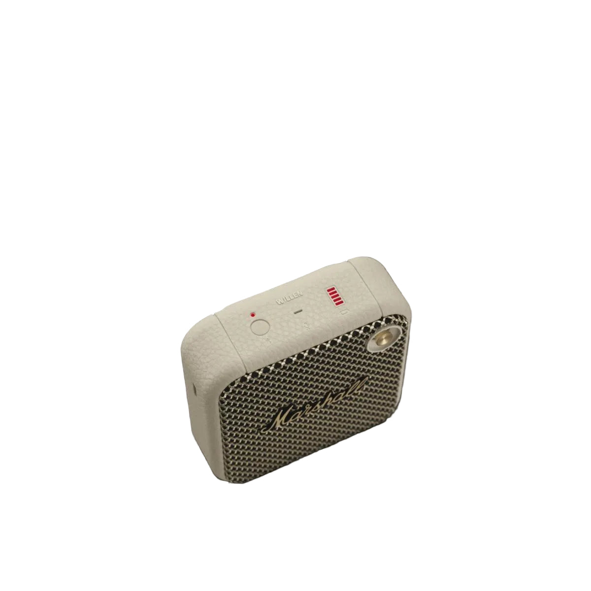 Portable speaker with Marshall logo on a dark background