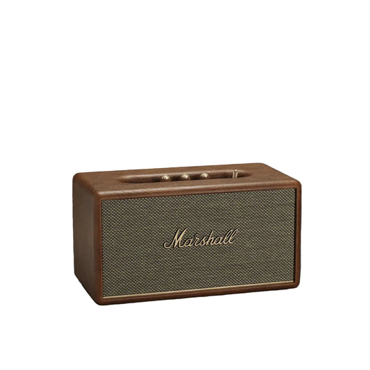 Marshall speaker with brown and beige design on a dark background