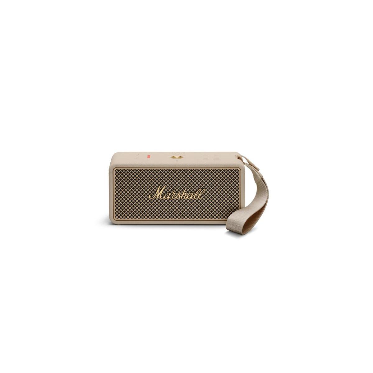 Beige portable speaker with 'Marshall' branding on a white background