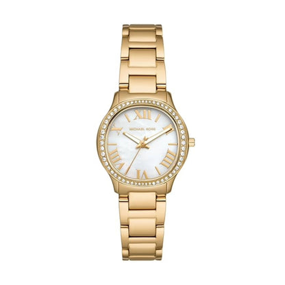 Gold watch with a white face on a white background