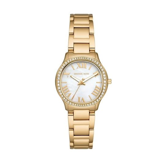Gold watch with a white face on a white background
