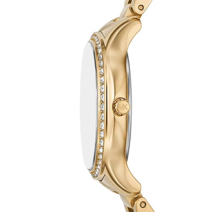 Gold watch with diamond accents on a white background