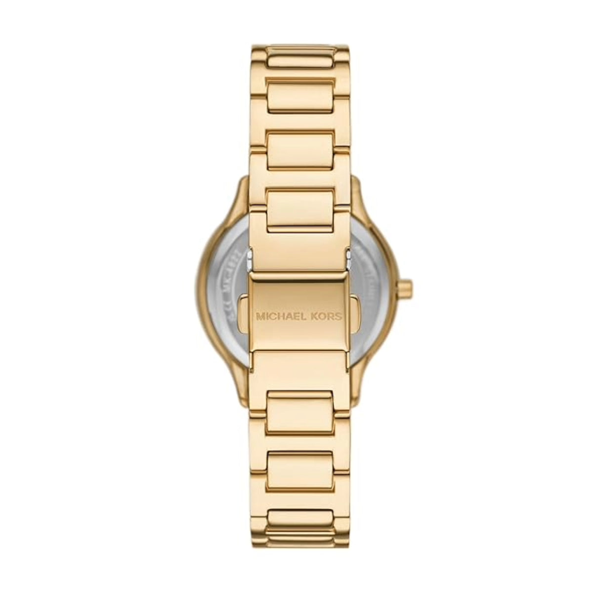 Gold watch with 'Michael Kors' branding on a white background