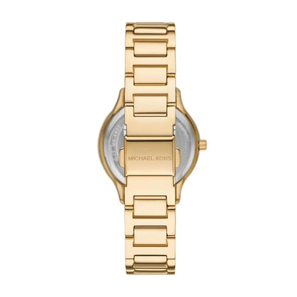 Gold watch with 'Michael Kors' branding on a white background