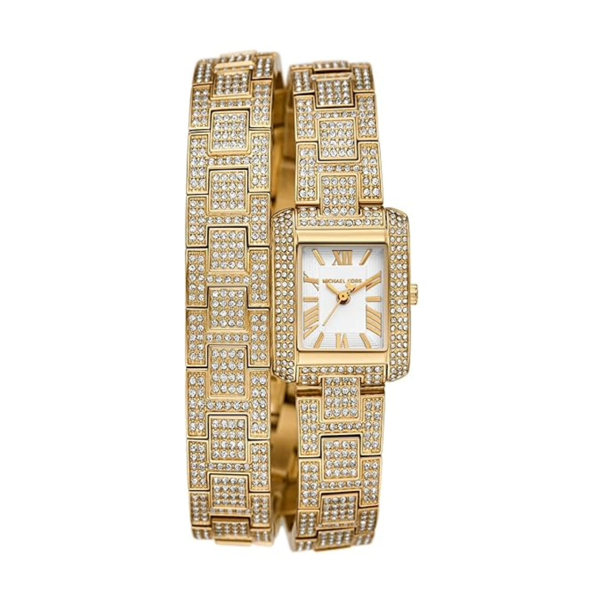 Gold wristwatch with diamond-studded band on a white background