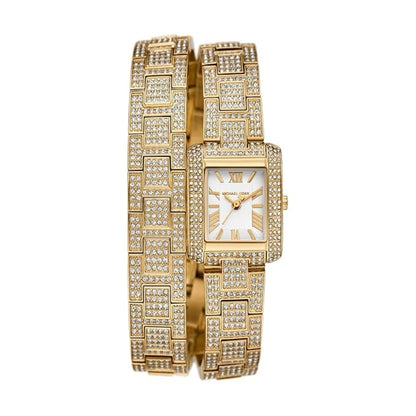 Gold wristwatch with diamond-studded band on a white background