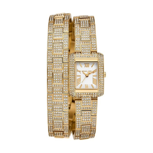 Gold wristwatch with diamond-studded band on a white background