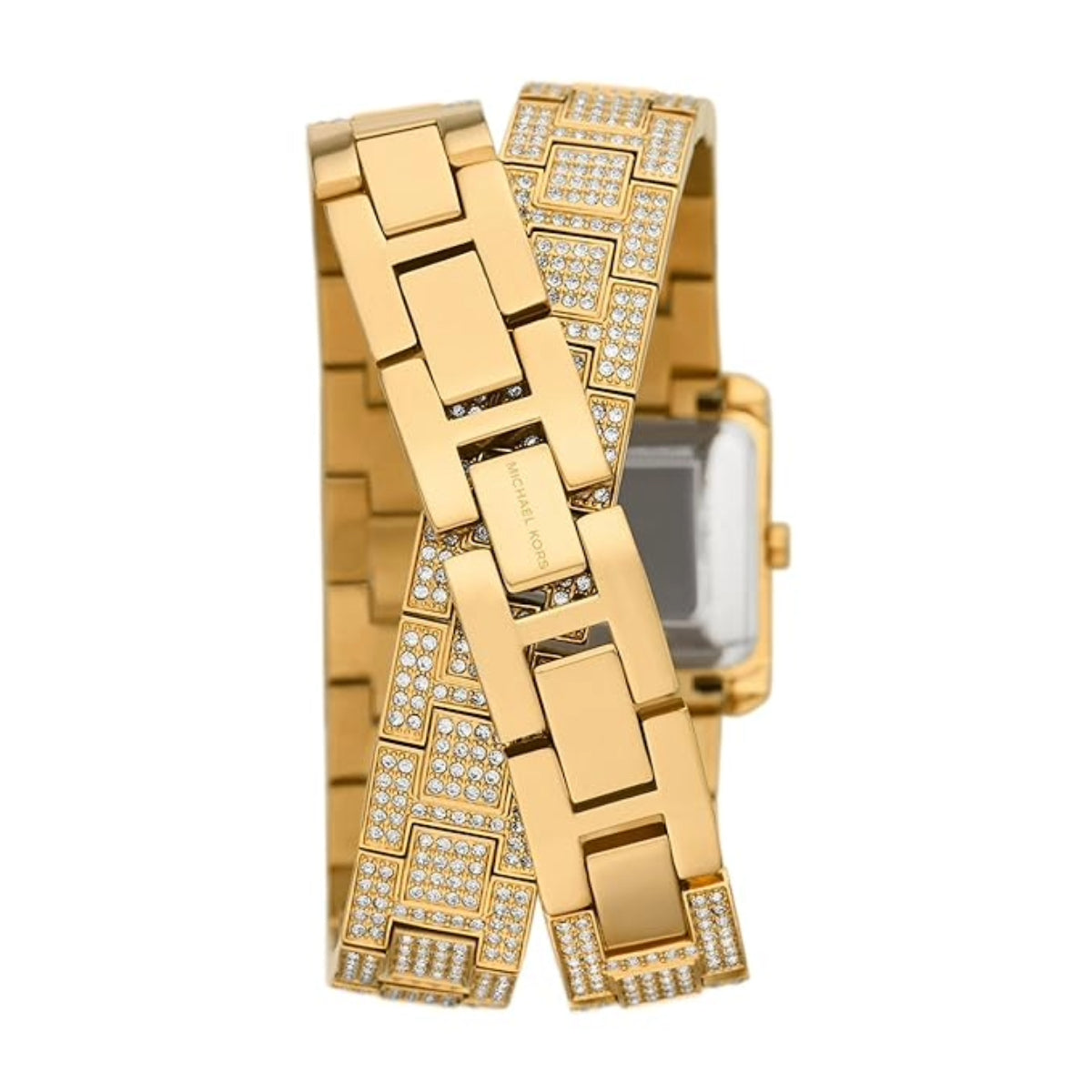 Gold watch with diamond-studded band on a white background